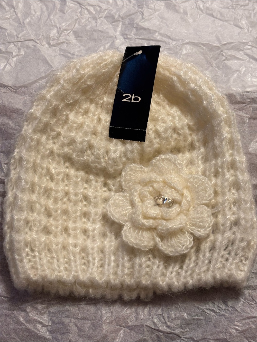 bebe Cream Knit Flower Beanie with Rhinestone Accent